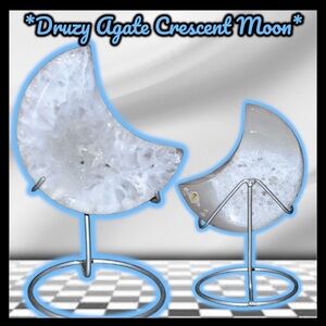 Natural Crystal Druzy Agate Crescent Moon w/Stand
